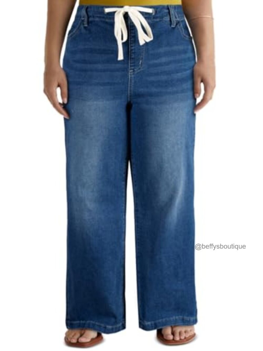 Plus Size Wide Leg Jeans with Pockets Drawstring Elastic Waist Loose Fit
